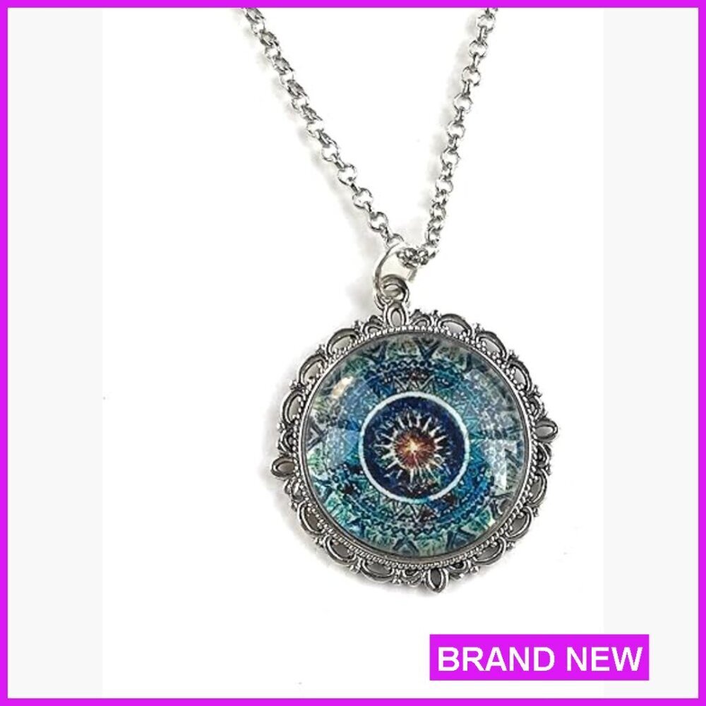 Bohemian Mandala Pendant Necklace Handmade Meditation Jewelry Glass Cabochon